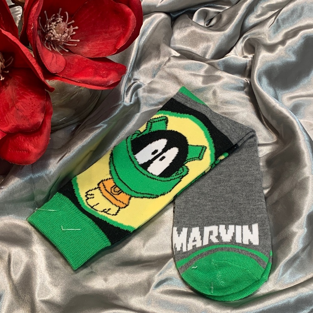 🌹 FUN Socks “MARVIN” Graphic Crew Socks - Green & Gray - NWOT